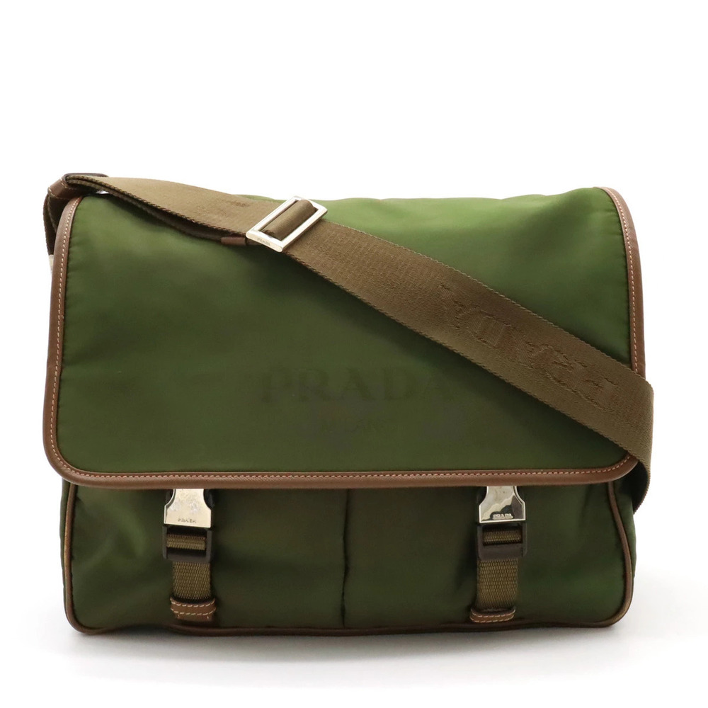 Prada Jacquard Messenger Crossbody Leather Khaki Green Brown